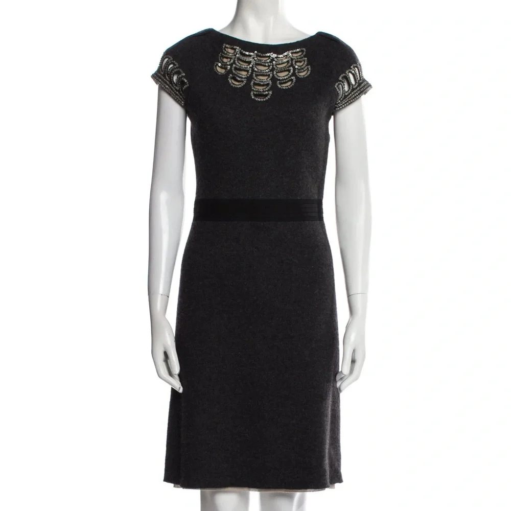 Tory Burch Elegant Dark Grey Wool Dress with Embellished Neckline and Sleeves